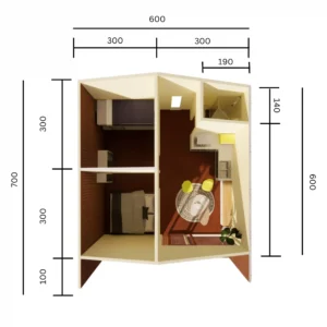 rumah prefab kayu floorplan model dual bedroom